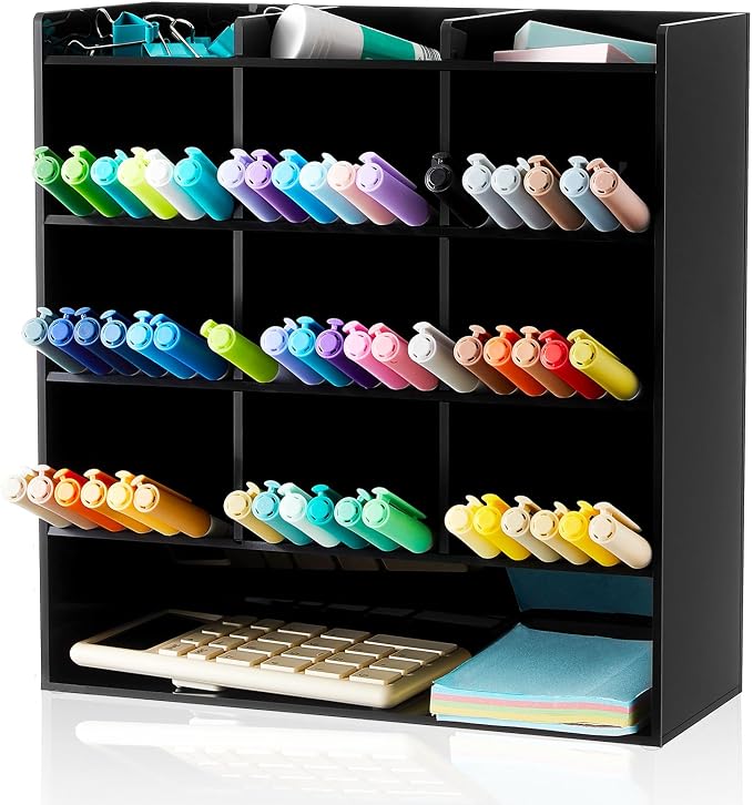 MotiMind Acrylic Pen Organizer Storage for 150 Markers Vertical Marker Organizer Acrylic Pen Display Holder for Office Desk Desktop Stationery Pencil Storage, Black, 10.2 x 4 x 9.8 Inch