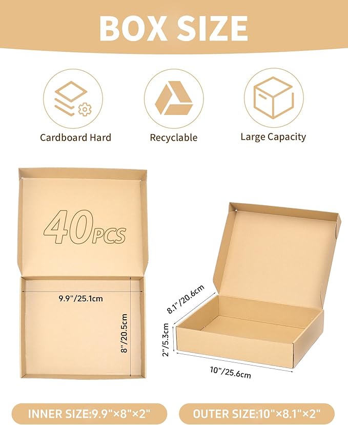 40 Pack Small Shipping Boxes, 10x8x2 Inch Brown Cardboard Boxes for Small Business