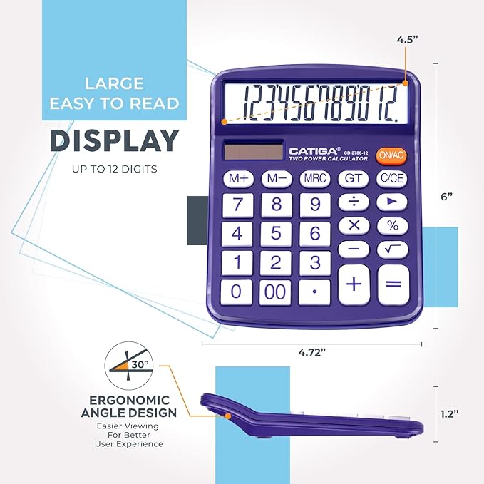 Desktop Calculator 12 Digit with Large LCD Display and Sensitive Button, Solar and Battery Dual Power, Standard Function for Office, Home, School, CD-2786 (Purple)