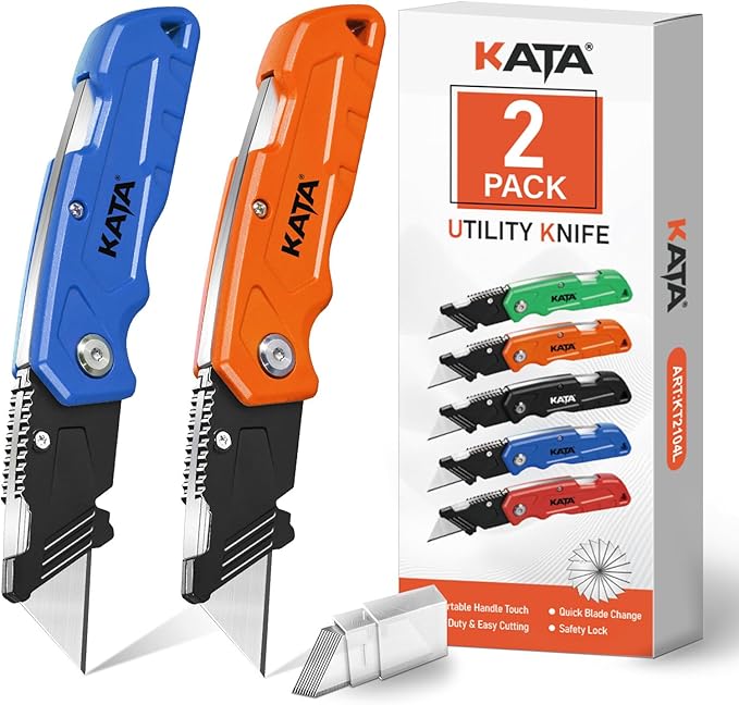 KATA Folding Box Cutter Knives - Heavy Duty Utility Knife Box Cutters with Extra 10pcs Razor Blades - 2-Pack Pocket Knife Plastic Cardboard Opener Tool - Used for Cutting Cartons, Boxes (Orange/Blue)