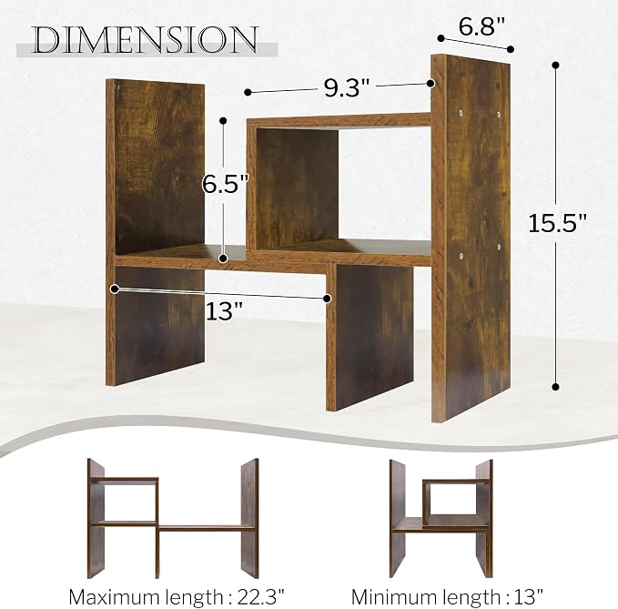 Jerry & Maggie Adjustable Wood Desktop Display Shelf Natural Wood Tone | Wooden Desk Organizer, Cute Dorm & Cubicle Decor. Stores Makeup & Mini Plants, Space-Saving Storage for Small College Rooms