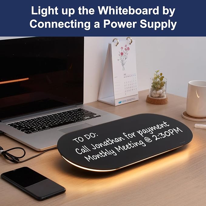 Glass Desktop Whiteboard - 17 X 7 Inches Black Board Warm Light | Glass Surface/Notepad with 1 Drawer/ Desk Organizers/ for Office, Home, School Supplies