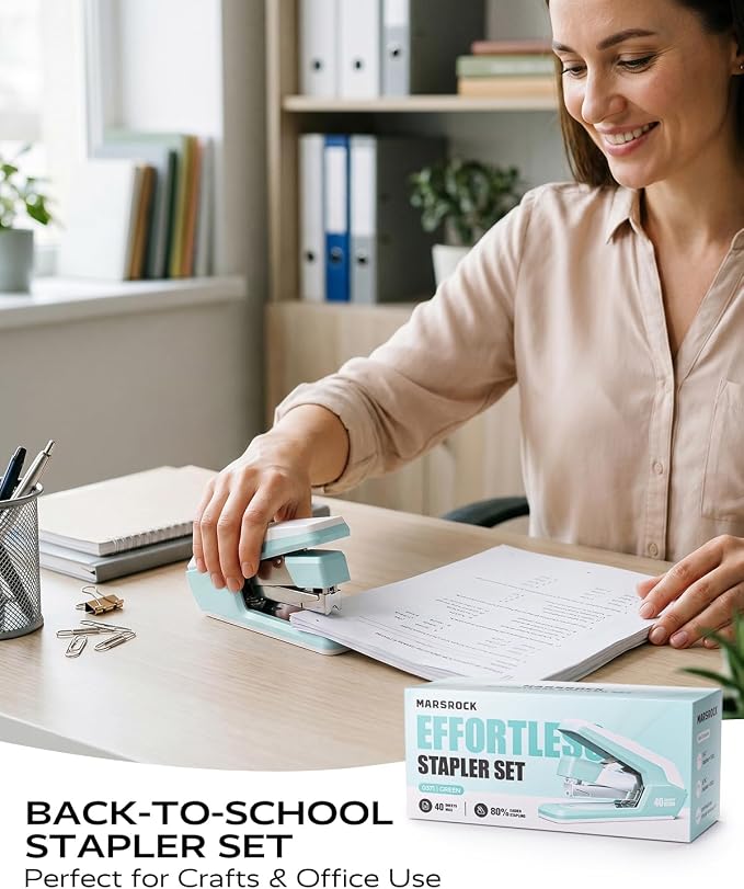 Marsrock Heavy Duty Stapler for Desk with 40-50 Sheet, 2000 Staples, Green | Classroom Stapler, Teacher Stapler, Office Stapler, Ergonomic & Easy-to-Load Desktop Stapler, Magnetic Staple Remover