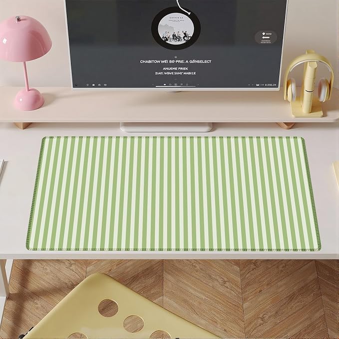 Green Striped Desk Mat Cute Pastel XXL Large Gaming Mouse Pad Desk Pad Kawaii Aesthetic Home Office Decor Cozy Keyboard Laptop Computer Mat
