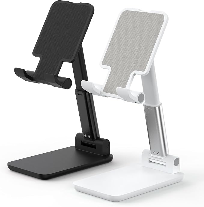 2 Pack Cell Phone Stand for Desk, Adjustable Angle & Height, Foldable Portable Phone Holder with Anti-Slip Silicone Pad, Compatible with iPhone 17/16/15/14/Smartphones 4–8 Inch, Black&White