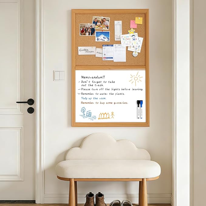 Cork Board White Board Combo with MDF Wood Frame | 36 x 24 Inch Bulletin Board, Magnetic Dry Erase Board & Corkboard for Wall, Vision Board for Home, Office, School