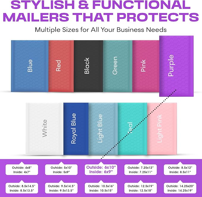 Purple Bubble Mailers 6x10, Self Seal Poly Padded Envelopes #0, 500 Pack | Fits Cards, CDs & Small Items,No Tape Needed,Cushioned Protection,Water-Resistant Poly,Bulk Pack for Small Business