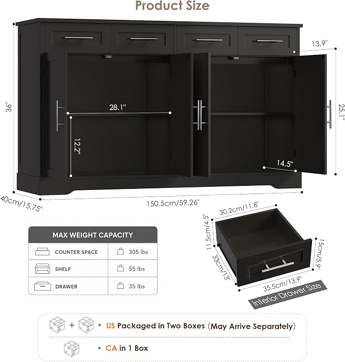 HOSTACK 60" W Sideboard Buffet Cabinet with Storage, Kitchen Cabinet, Black | 36 Tall Kitchen Buffet Storage Cabinet with 4 Drawer, Large Coffee Bar Cabinet, Modern Buffet Table for Dining Living Room