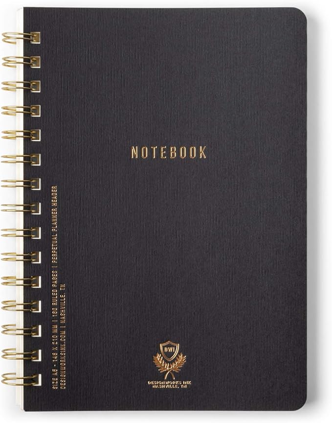 DesignWorks Ink Textured Paper Twin Wire Notebook, Daily Planner & Soft Cover Writing Journal, 160 Lined Perforated Pages, Small Spiral Notebook for Work & Journaling, 6 x 8.25 in, Black