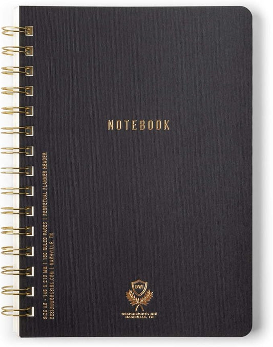 DesignWorks Ink Textured Paper Twin Wire Notebook, Daily Planner & Soft Cover Writing Journal, 160 Lined Perforated Pages, Small Spiral Notebook for Work & Journaling, 6 x 8.25 in, Black