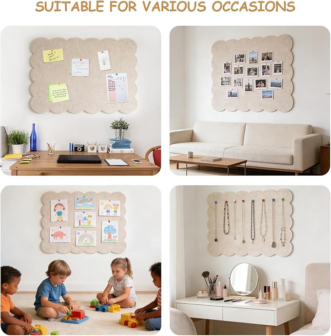 Scalloped Felt Bulletin Board 24" x 18" Cork Board Alternative,Decorative Felt Pin Board Foldable Cork Boards for Walls Self-Adhesive Cork Board for Home Office Classroom Pin Board (Oatmeal) 2pack