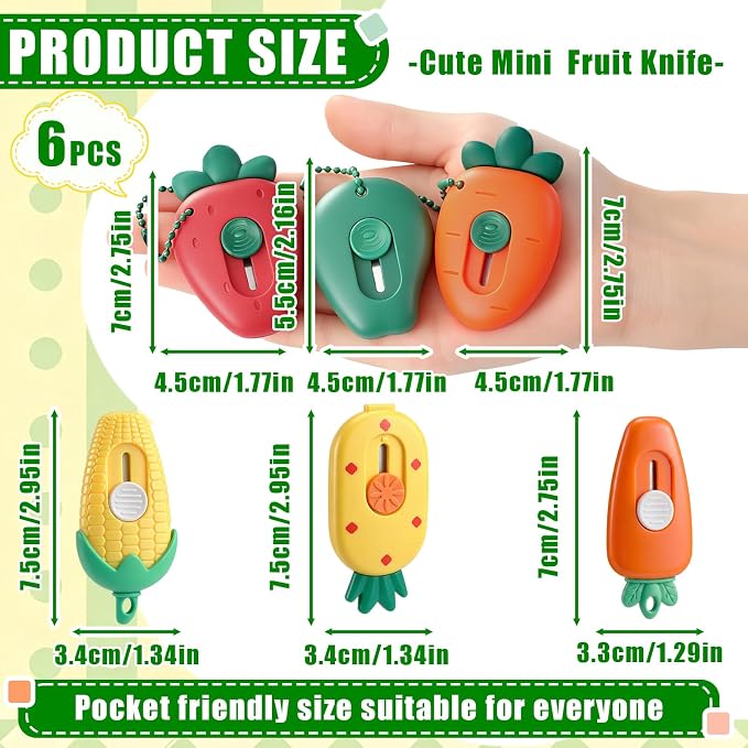 Maitys 6 Pcs Cute Fruit Vegetable Shaped Retractable Box Cutter, Mini Portable Utility Knife for School Office Package Opening Stationery Gift (Avocado, Strawberry, Radish, Corn, Carrot, Pineapple)
