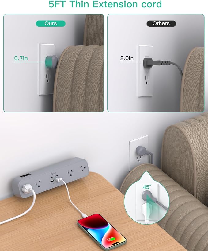 Mifaso PD30W Desk Clamp Power Strip, Surge Protector, Fast Charging Station | 4 Outlets, 4 USB (2 USBC), 5FT Extension Cord, Desk Organizer Gaming Accessories Home Office Essentials, Fits 1.96" Edge,Gray