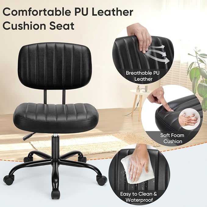 DUMOS Home Office Chair, Ergonomic Computer Desk Chair, Lumbar Support | Armless Height Adjustable, PU Leather, 360 Swivel Wheels, Small Space, Adults, New Black