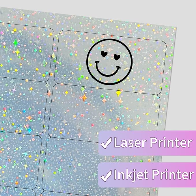 STARLIBOO Holographic Stickers Labels - 2" x 4" Address Labels Mailing Stickers for Laser/Inkjet Printer 8.5"×11"-Star, Rainbow, Transparent, Dots- 20 Sheets