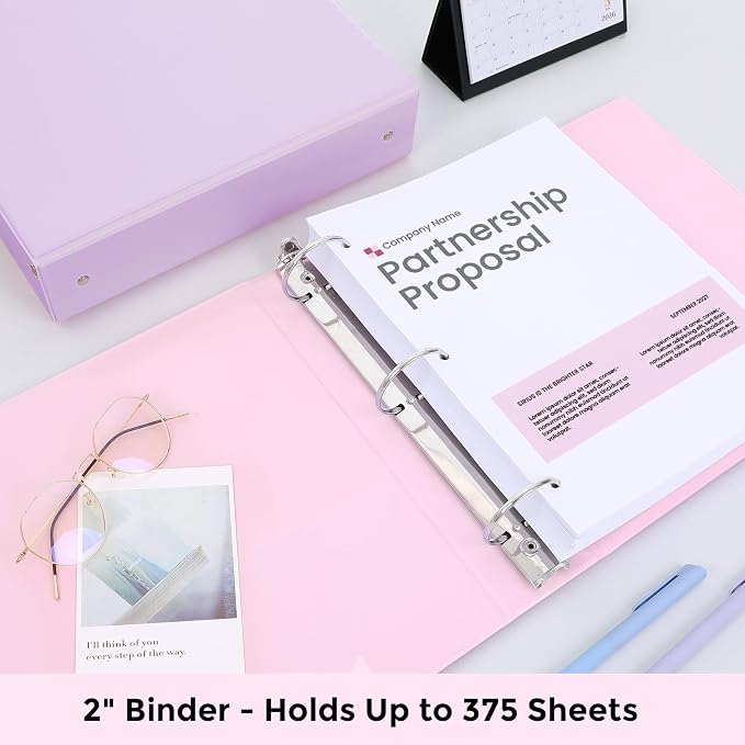 SKYDUE 3 Ring Binder 2 Pack, 2 Inch Clear View Binders with 2 Interior Pockets（Fit 8.5x11 Inches, Round Ring Binder for Office & School Supplies Organize, Pink and Purple