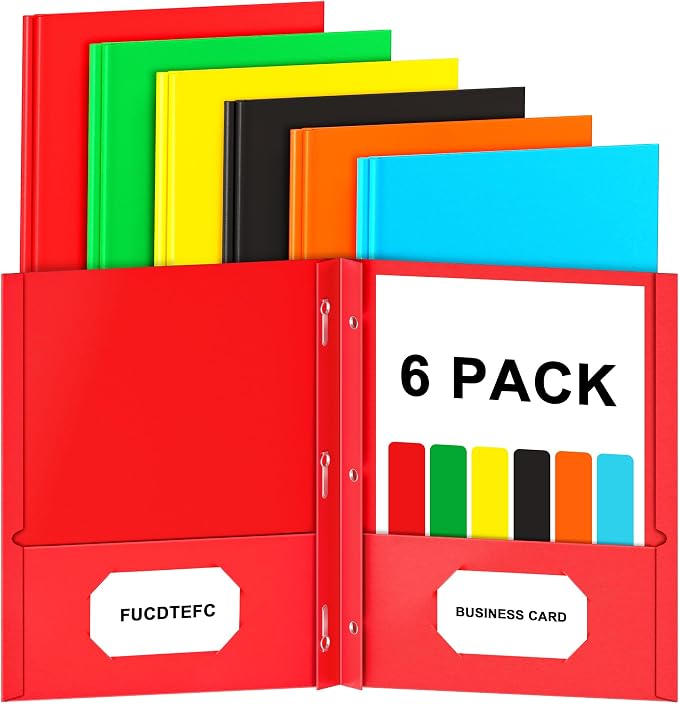 Folders with Pockets and Prongs, 6 Pack Colors Pocket Folder with Prongs | Heavy Duty, Paper, 2 Pocket 3 Prong, File Folders, Business Card Slot, Back to School, Office, Letter Size
