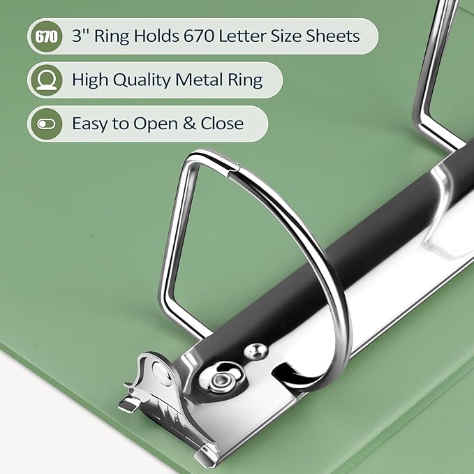 Sooez BinderX Extra Durable 3 Inch 3 Ring Binder, D-Ring Large Binder, Holds 670 Sheets of 8.5x11 Paper, Customizable View Cover with Inside Pockets, Heavy Duty 3 Ring Binder for School, Olive Green