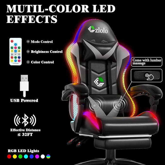 Gaming Chair, RGB LED Lights Computer Chair with Footrest, Lumbar Support Massager Gamer Chair, High Back, 90-135° Reclining, Linkage Armrests, Gray