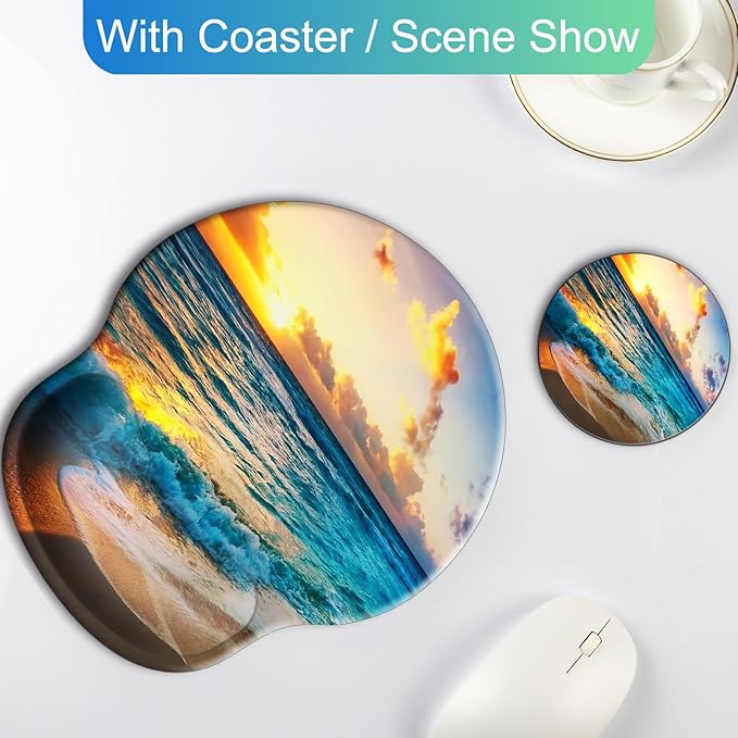 Ergonomic Mouse Pad with Wrist Support Rest,Large Mousepad Gel Wrist Rest, with Coaster Non-Slip & Pain Relief for Computer, Desk, Home&Office-Ocean Sea