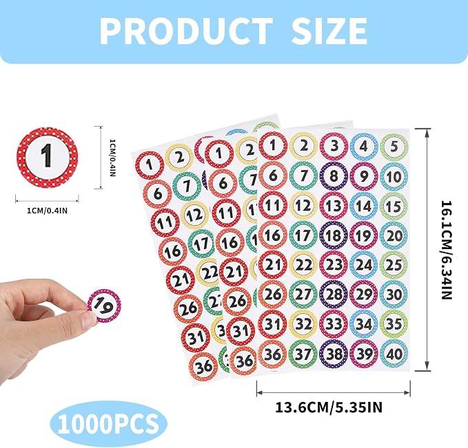 1000 Pcs Number Stickers 1-40,25 Sheets Round Dot Consecutive Number Self-Adhesive Stickers Erasable for Office,School,Storage,Organizing