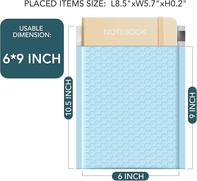 Metronic Bubble Mailers 6x10 Inch 50 Pack, Self-Seal Waterproof Padded Envelopes, Bubble Packaging Envelopes for Shipping, Mailing, Small Business, Light Blue Bulk #0, Bubble Mailers Usable Size 6x9