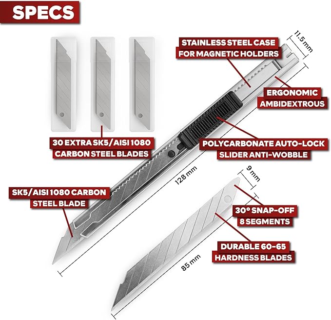 XFasten Snap Off Utility Knife Retractable 3-Pack 9mm Retractable Box Cutter Craft Knife with 30pcs 30 Degree Snap Off Blades Stainless Steel Craft Knives for Vinyl, Cardboard, Window Tint Cutter
