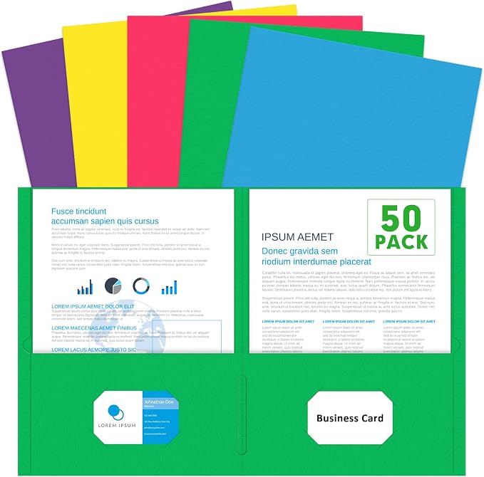 Two Pocket Folders, PANDRI 50 Pack 2 Pocket Folders, Letter Size Paper File Folder for School Office Home Business, Assorted 5 Colors