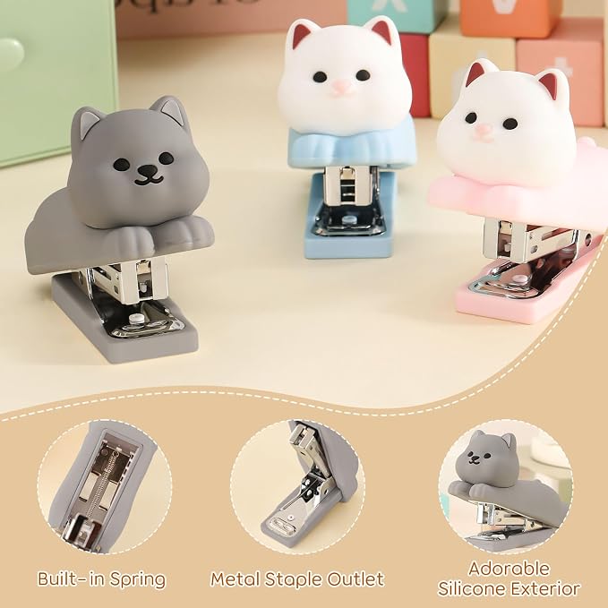 Honagu Mini Cute Animal Stapler with Staples, Cartoon Stereoscopic Silicone (PVC) Stapler for Kids, Labor-Saving Office Supplies for Students, Teachers, 1st Day of School Gifts for Kids(Gray Puppy)