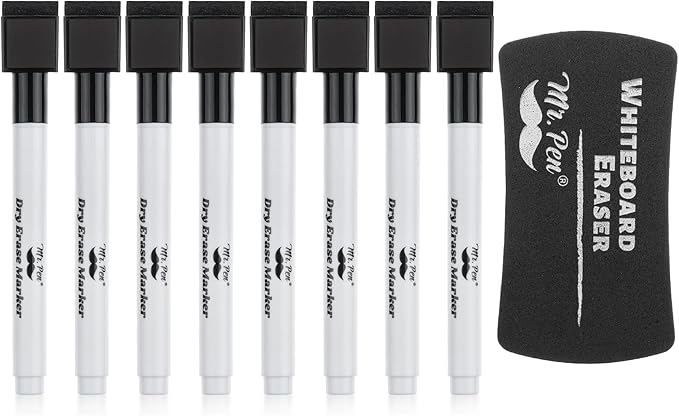 Mr. Pen- Magnetic Dry Erase Markers, 8 Pack with Eraser, Fine Tip Black Dry Erase Pens with Magnet
