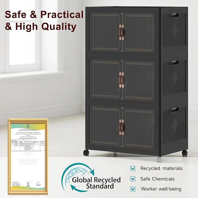 Stackable Storage Bins with Lids, 360QT Lockable Storage Cabinet | Folding Storage Box with Doors and Wheels, Collapsible Plastic Drawers for Home, Garage, Office