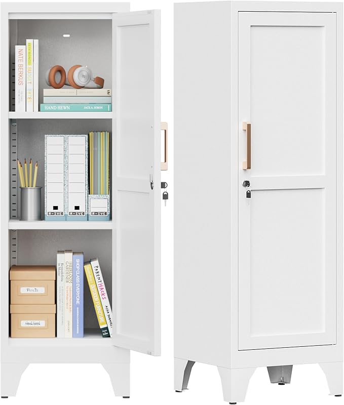 46"H White Metal Locker with 1 Lockable Door and 2 Adjustable Shelves For Employees,3 Tier Small Storage Cabinet with Detachable Legs and Vintage Handle for Kitchen, Office,School,Gym,Easy Assembly