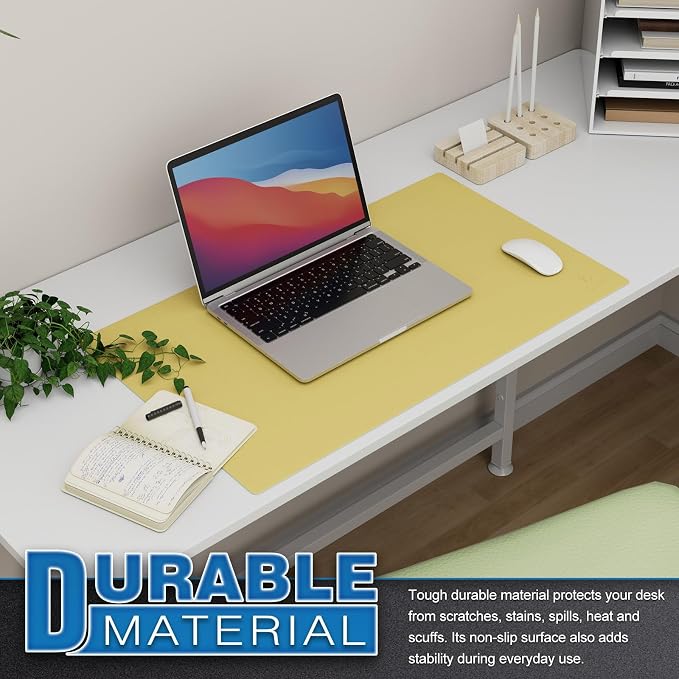 K KNODEL Small Office Desk Mat, Leather Mouse Pad (23.6"x13.8", Yellow) | Desk Pad, Keyboard Pad, Computer and Laptop Mat, Desktop Protector and Cover, Writing Pad and Blotter for Home Office