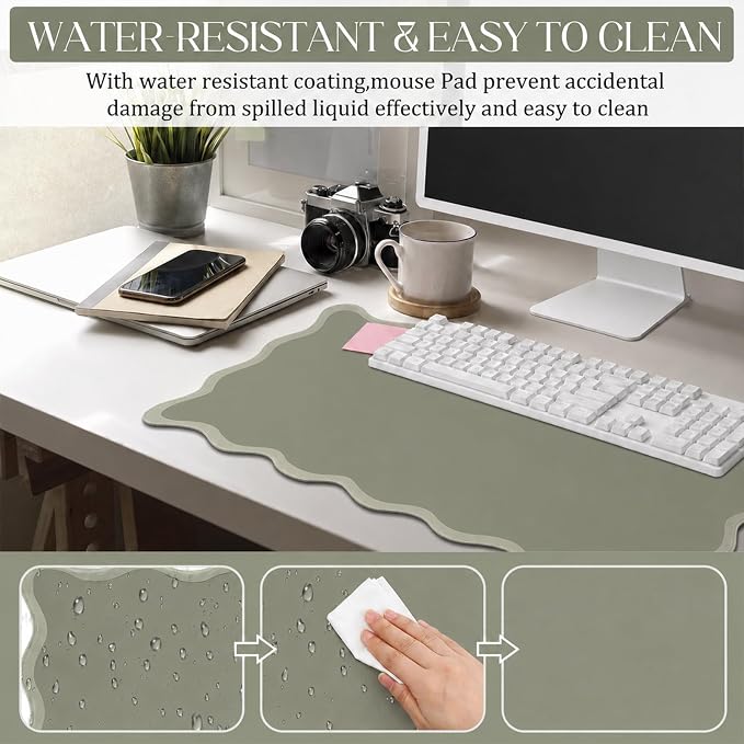 Hahafelt Scalloped Desk Mat Waterproof,Sage Green,31.5 X 15.8 Inches | Coquette Preppy Style for School Office Makeup Vanity, Nonslip Gaming Desktop Protector with Scalloped Stitched Edge Mat