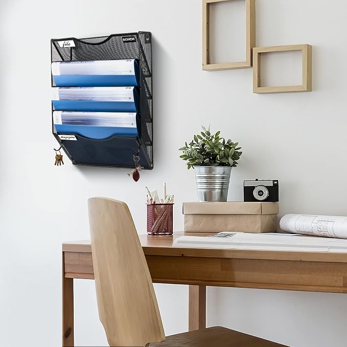 BOHDK Wall File Organizer, 5 Tire Hanging File Folder Mail Organizer, Vertical Mesh Metal Door/Wall Mount Hanging File Holder, Paper Document Magazine Rack with Hooks for Home Office Black