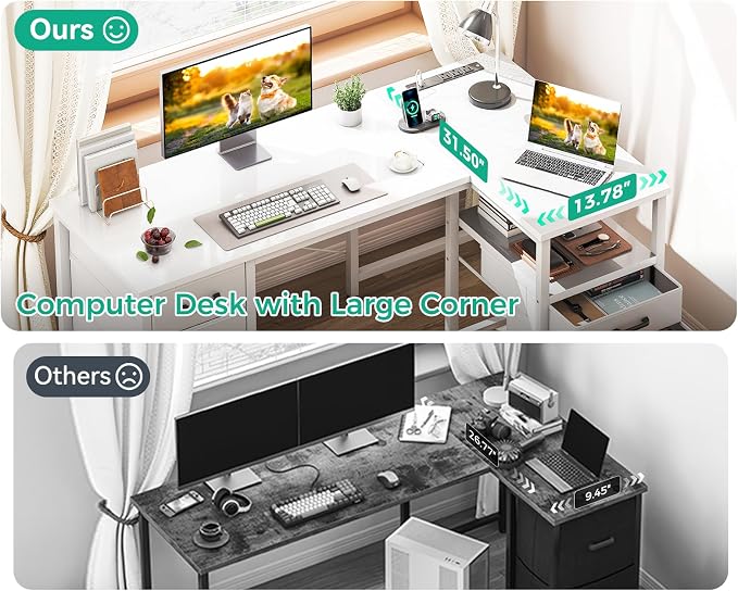 Coleshome 55 Inch L Shaped Office Desk with 6 Drawers, Power Outlet, White | 5 Fabric Drawers, File Drawer, USB and Type-C Ports, Open Storage Shelf, Reversible Layout for Home Office