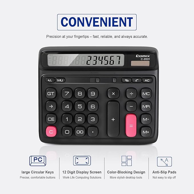 Comix Desk Calculator with 12 Digits Large LCD Display, Solar Battery Dual Power, Large Computer Keys Basic Calculator for Home Office School