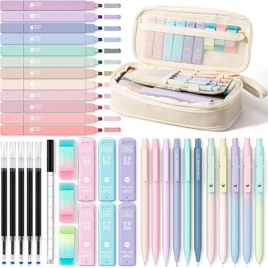 Four Candies School Supplies with Cute Pencil Case, 39ct, Cream | Back to School Stationery Set, Essentials for College & Nursing Students, 5 Gel Pens, 6 Mechanical Pencils, 12 Highlighters