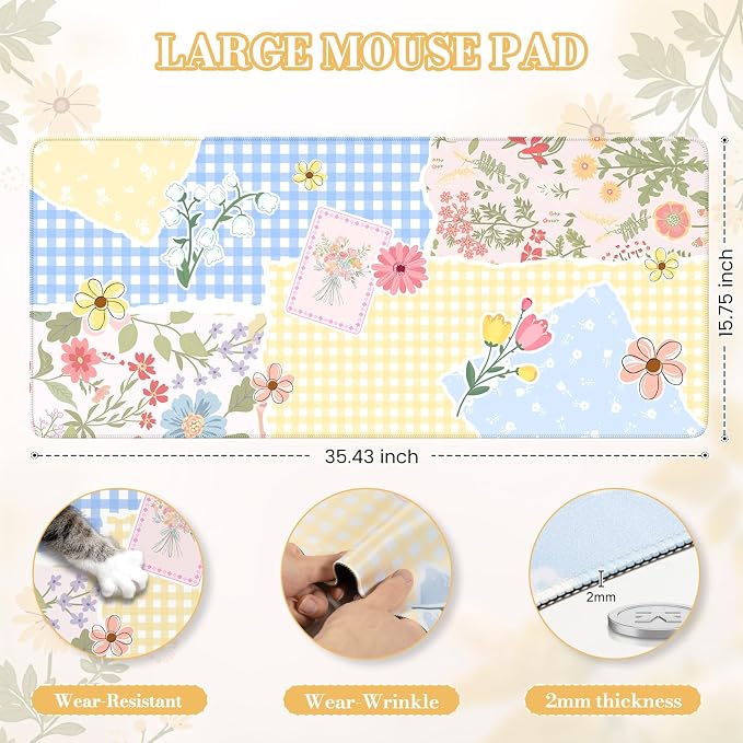 iCasso Aesthetic Checkered Desk Mat with Floral Design, Butter Yellow | XXL Mouse Pad and Keyboard Mat, Cute Flower Mousepad for Grily Desktop Decor, Office Home Laptop Accessories