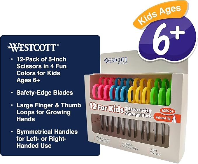 Westcott Right & Left-Handed Scissors For Kids - Back to School Essentials, Classroom Must Haves, Art Supplies - 5-Inch Pointed Safety Scissors - Assorted Colors (ACM13141) (Pack of 36)