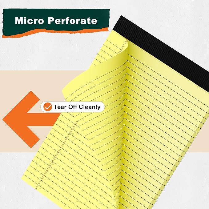 Legal Pads 8.5 x 11 Yellow Writing Pads Wide Ruled Note Pads 8.5 x 11 Lined Double-Sided Notepad for Home, School, Office Use, 80gsm Perforated Paper, Sturdy Cardboard Backing, 6 Pack (30 Sheets/Pad)