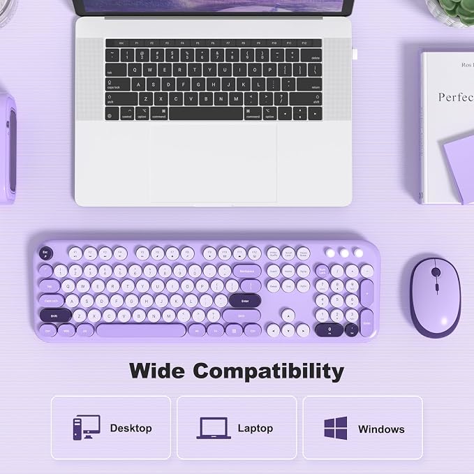 KNOWSQT Wireless Keyboard and Mouse Combo - Lovely Violet 2.4G Full-Sized Colorful Keyboards, Round Keycap USB Dongle Plug Play Cute Keyboards for Windows, Laptop, PC, Desktop, Mac