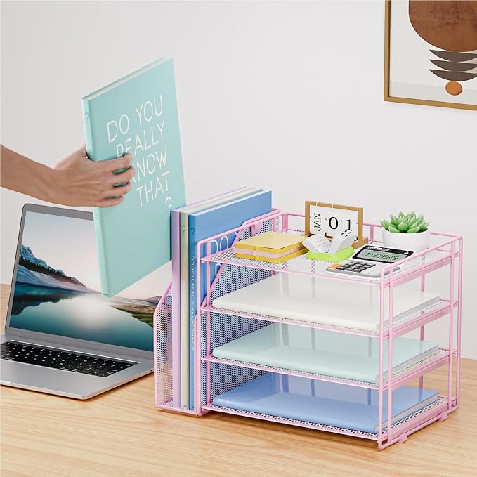 Marbrasse 4-Tier Paper Tray Organizer with File Holder, Pink | Sturdy Paper Tray, Built-in File Holder, fits Letters/Docs, Saves Desk Space, for School/Office/Home