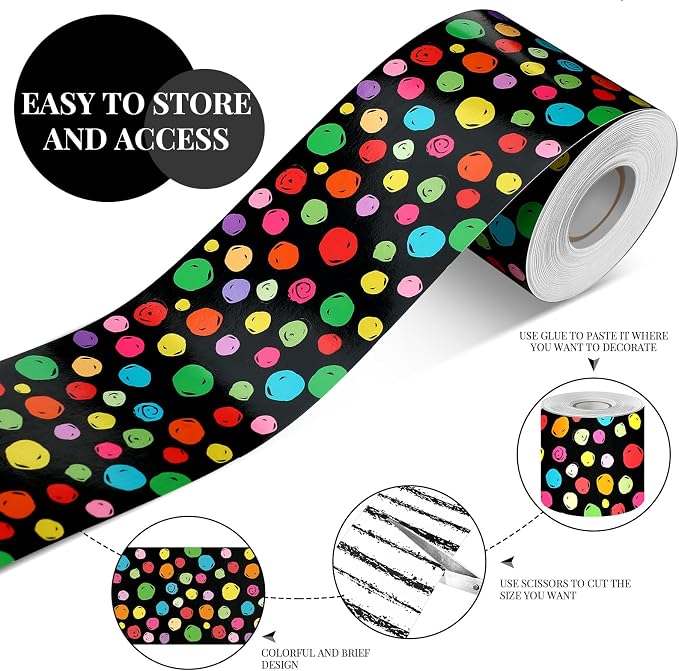 Zonon 65 Feet Bulletin Board Borders Polka Dots Rolled Trim Colorful | Chalkboard Dots for Bulletin Displays, Scalloped Wavy Straight Edges, Striped Grid Patterns, Back to School Decor