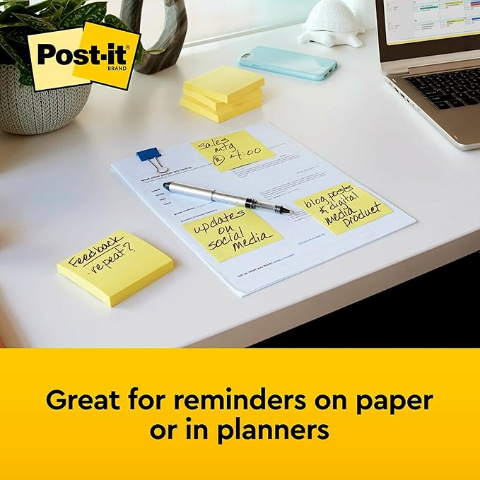 Post-it Notes 3x3 in, 12 Pads, America's #1 Favorite Sticky Notes, Canary Yellow, Clean Removal, Recyclable (654)