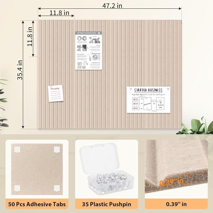 Felt Bulletin Board 48"x36"- 12 Pack Large Cork Board Tiles with 35 Pushpins & 50 Adhesive Tabs, Cork Board Alternative for Office, Classroom, Home & Kitchen Decor-Dark Camel