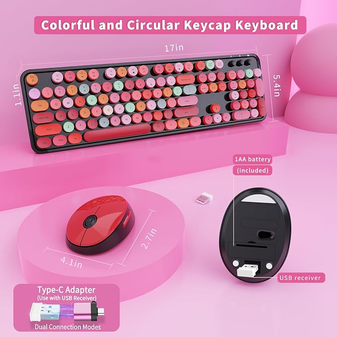 Wireless Keyboard and Mouse Combo, Ergonomic Full Size Typewriter Retro Round Keycaps Keyboard, Compatible with Windows, PC, Perfer for Home and Office Keyboards (Red