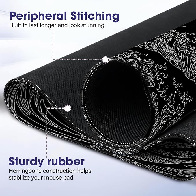 Professional Extended Gaming Mouse Pad - 31.5" x 15.7" Large Desk Mat with Stitched Edges, Waterproof Coating Non-Slip Rubber Base for Gamers Esports Pros Office Home, Black Wave