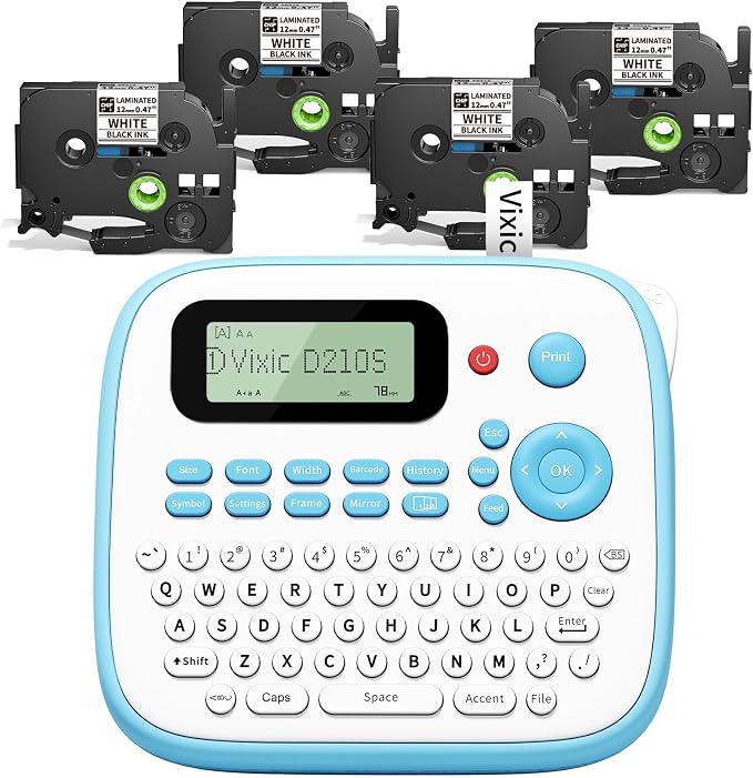 Vixic Label Maker Machine with Tape, D210S Label Maker Waterproof-Labels | Portable Labeling Machine Bundle 4PK 12mm 0.47 Laminated White Tapes, Handheld Labeler with Keyboard for Home Office School