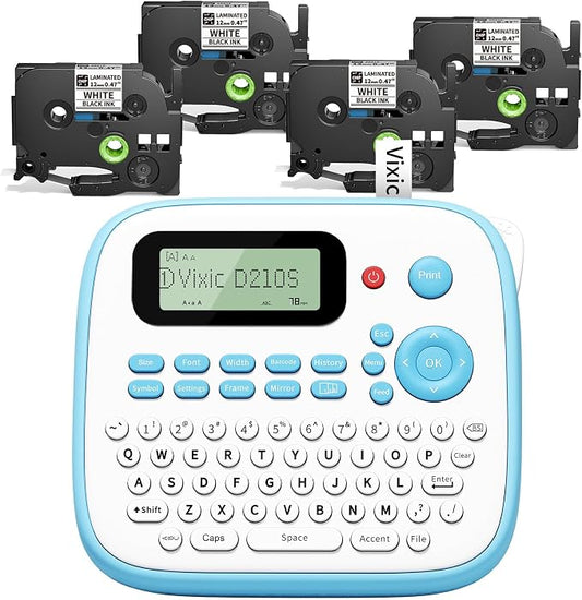 Vixic Label Maker Machine with Tape, D210S Label Maker Waterproof-Labels | Portable Labeling Machine Bundle 4PK 12mm 0.47 Laminated White Tapes, Handheld Labeler with Keyboard for Home Office School